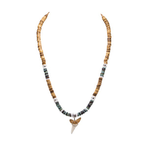 Mako Shark Tooth Pendant on Tiger Coconut & Green Shell Beads Necklace