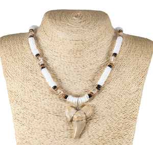 1¼"+ Shark Tooth Pendant on Puka Shell  and Coconut Beads Necklace