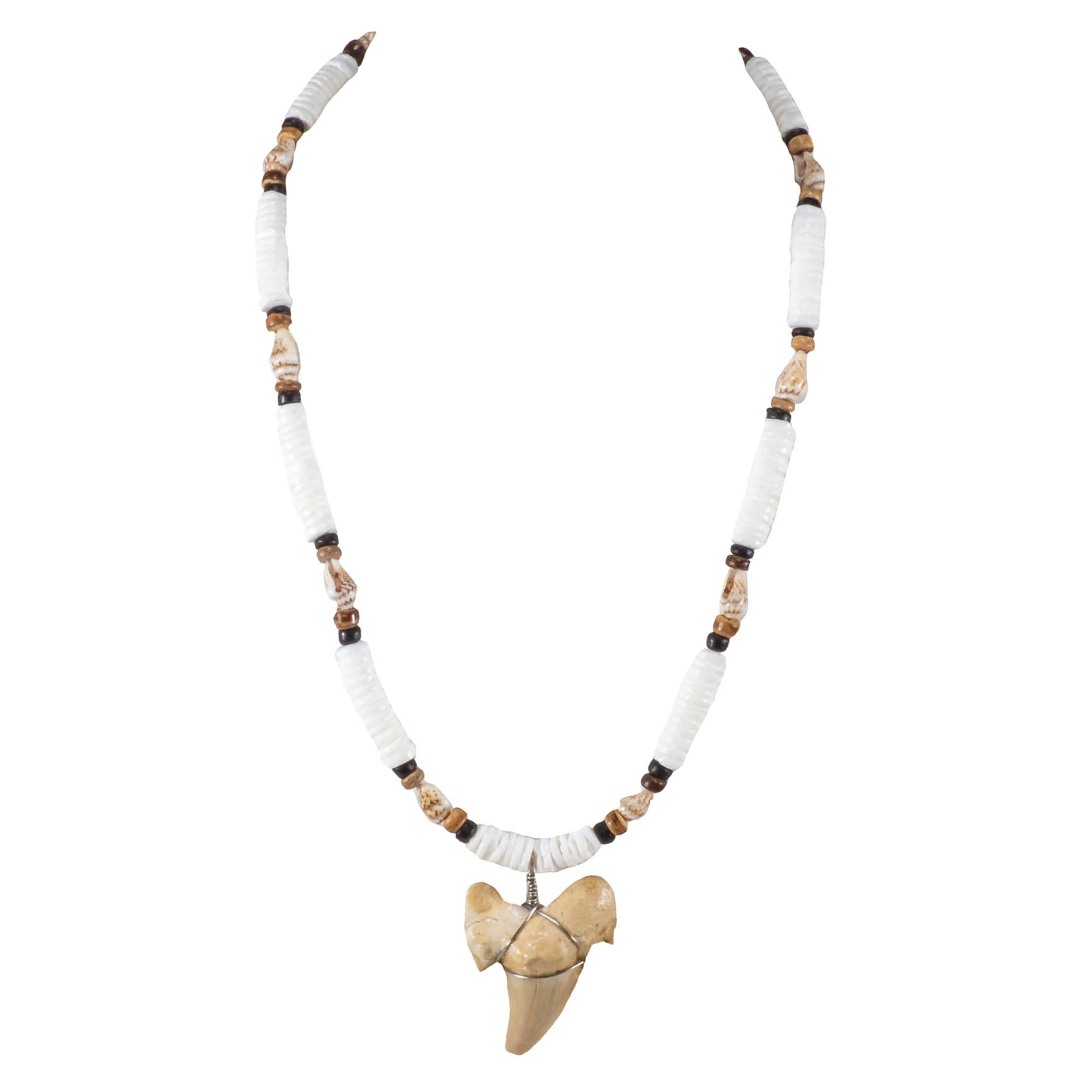 1¼"+ Shark Tooth Pendant on Puka Shell  and Coconut Beads Necklace