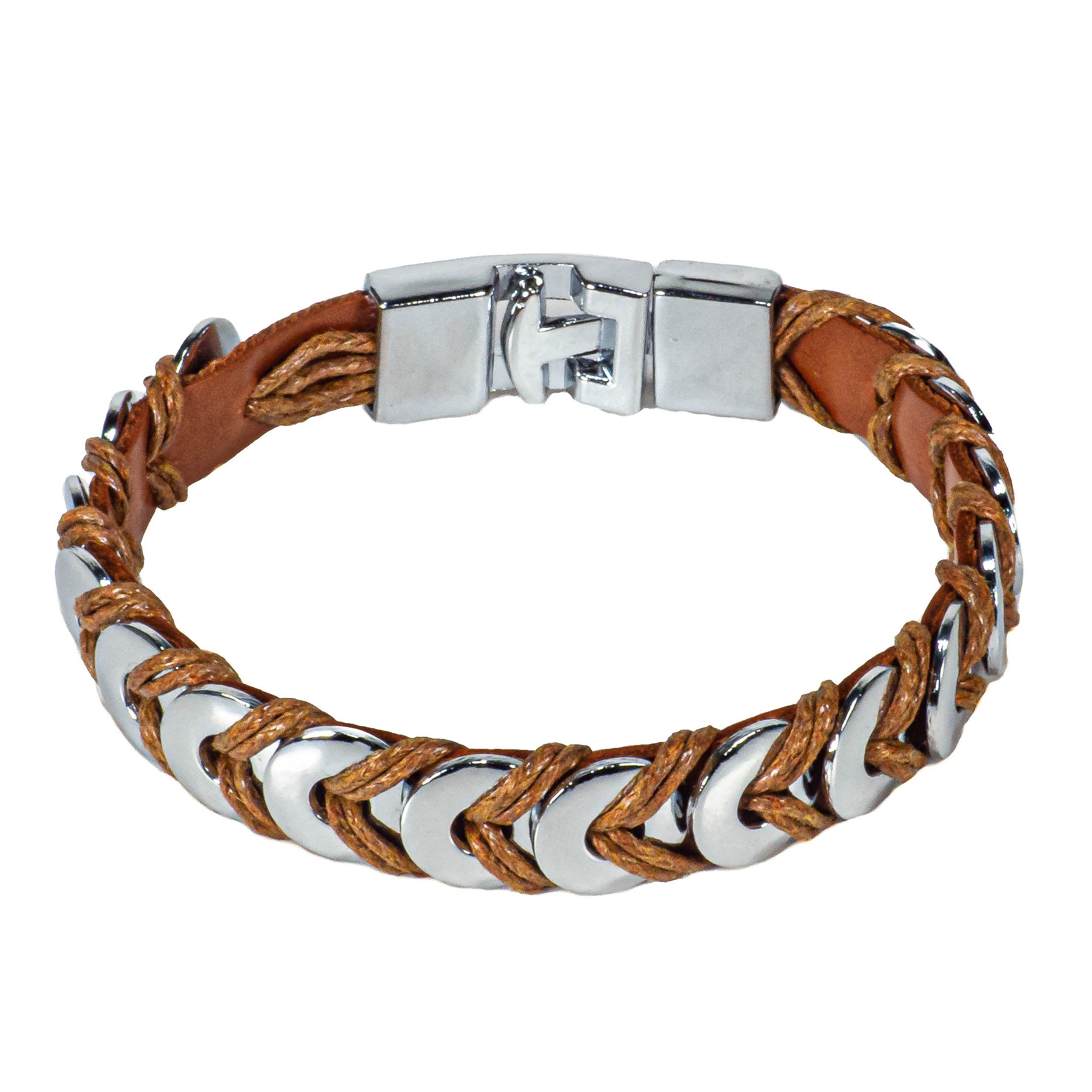 Brown Leather Bracelet with Chrome Discs Design