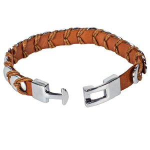 Brown Leather Bracelet with Chrome Discs Design