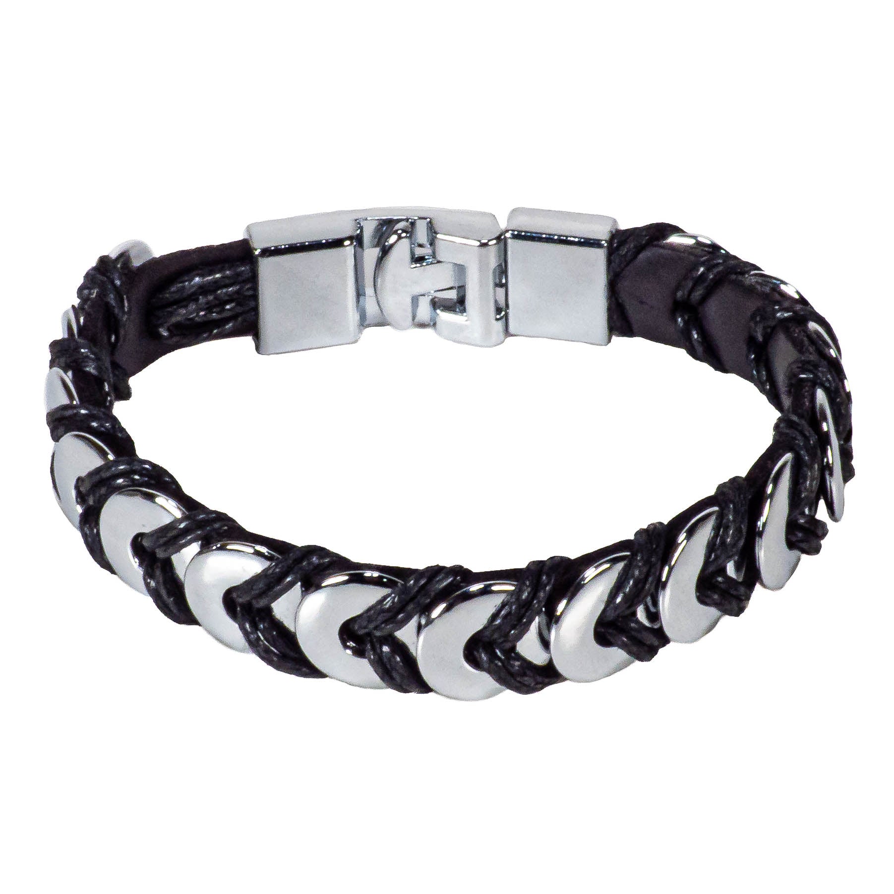 Black Leather Bracelet with Chrome Discs Design