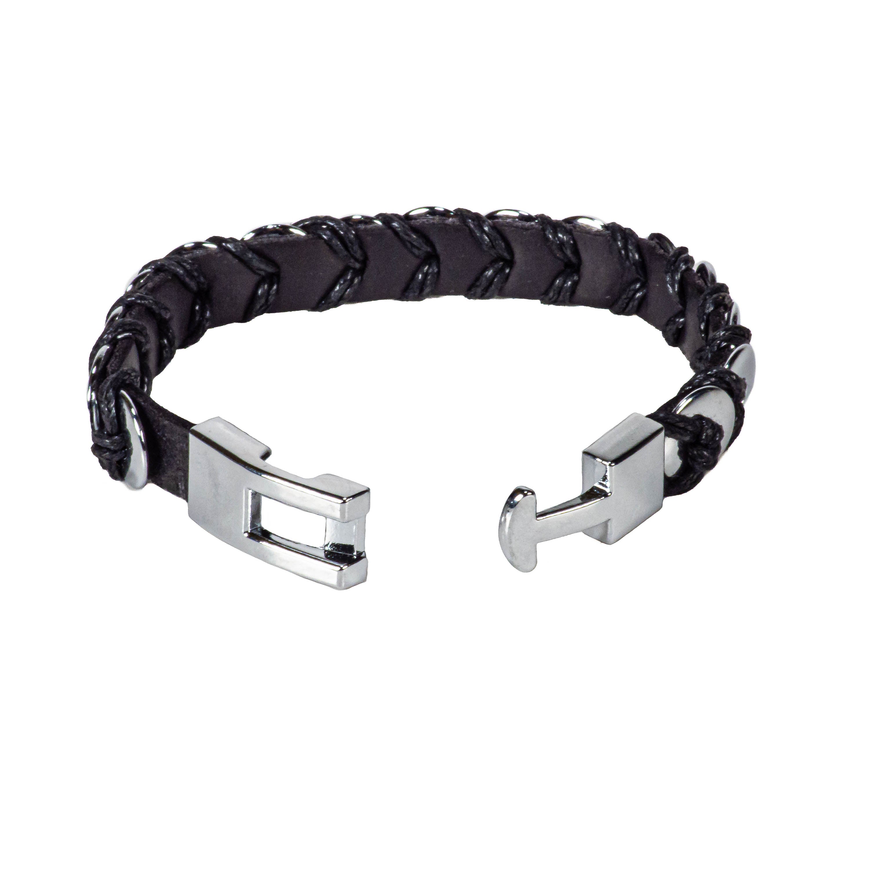 Black Leather Bracelet with Chrome Discs Design