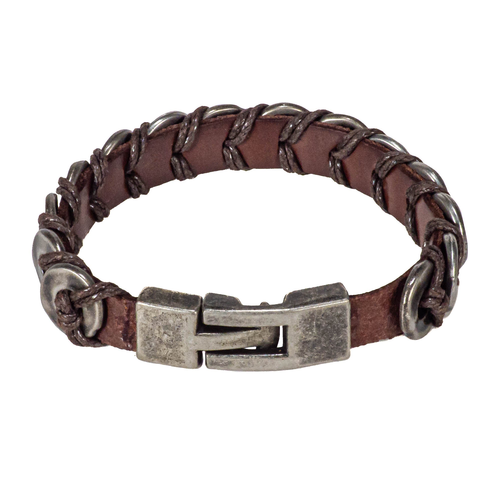 Dark Brown Leather Bracelet with Antique Silver Discs Design