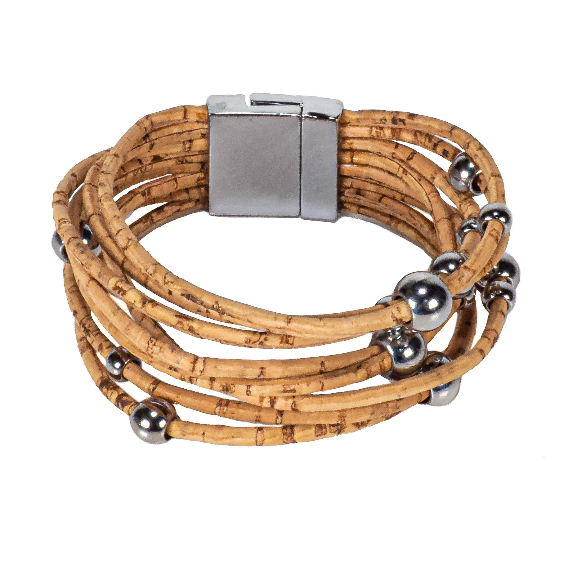 Natural Cork Bracelet with Chrome Slider Beads