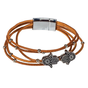 Beige Leather Cords Bracelet with Hamsa Slider Beads