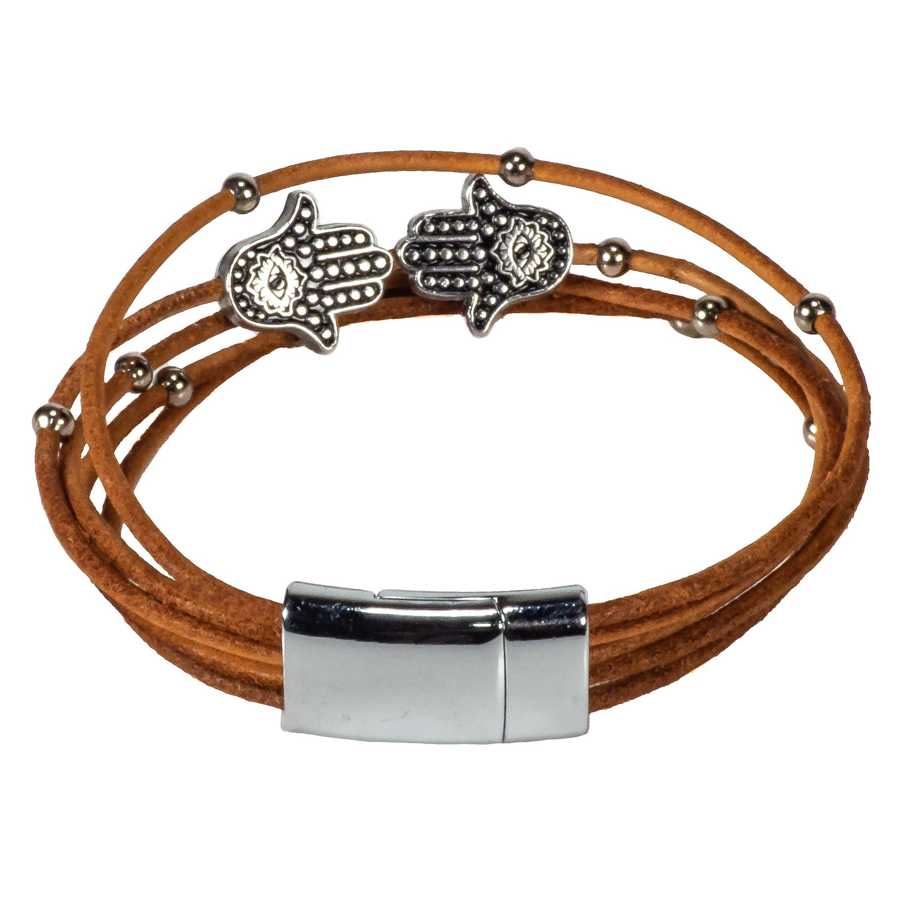 Beige Leather Cords Bracelet with Hamsa Slider Beads