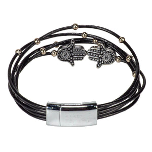 Black Leather Cords Bracelet with Hamsa Slider Beads