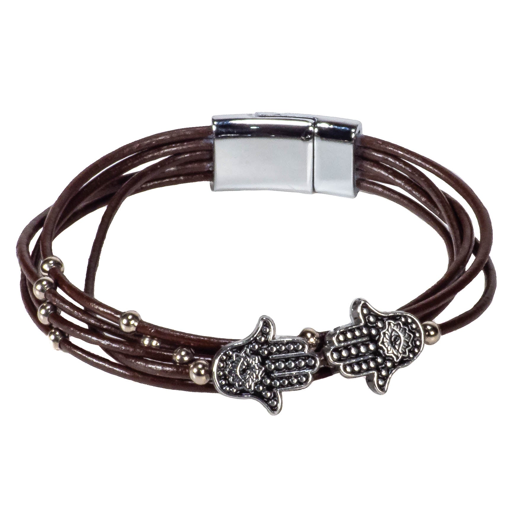 Brown Leather Cords Bracelet with Hamsa Slider Beads