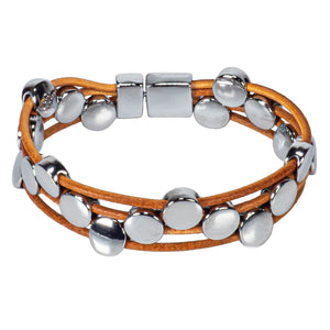 Beige Leather Cords Bracelet with Chrome Discs