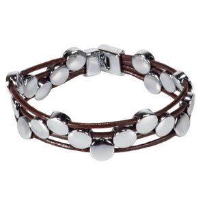 Brown Leather Cords Bracelet with Chrome Discs