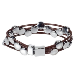 Brown Leather Cords Bracelet with Chrome Discs