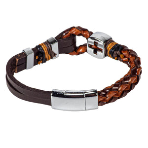 Brown Leather Bracelet with Chrome Cross Design