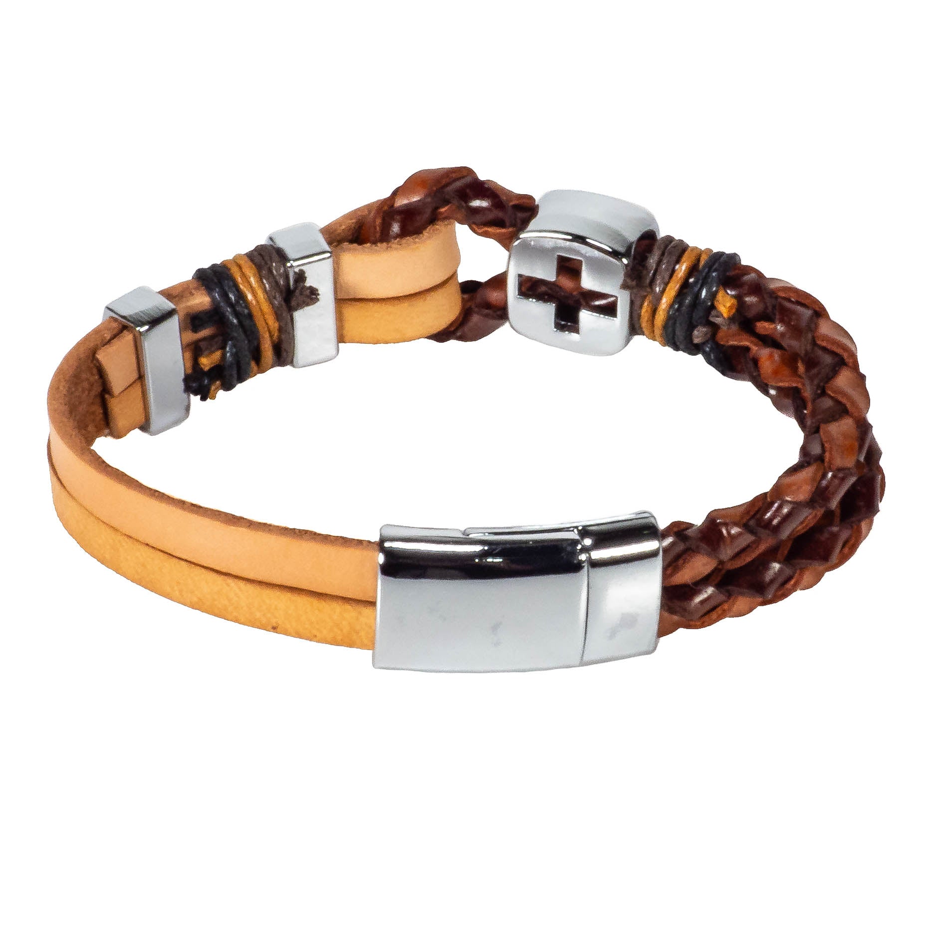 Beige Leather Bracelet with Chrome Cross Design