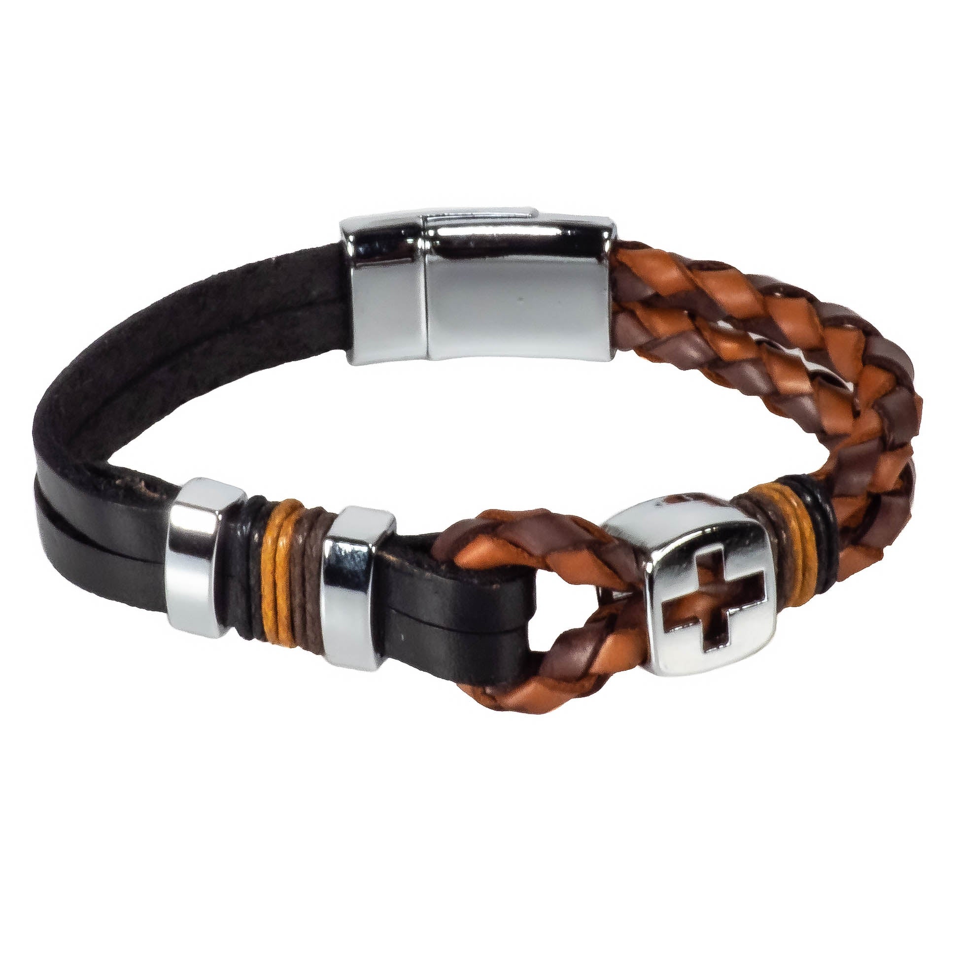 Black Leather Bracelet with Chrome Cross Design