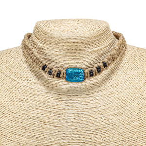 Turquoise Blue Glass Bead on Large Hemp Choker Necklace