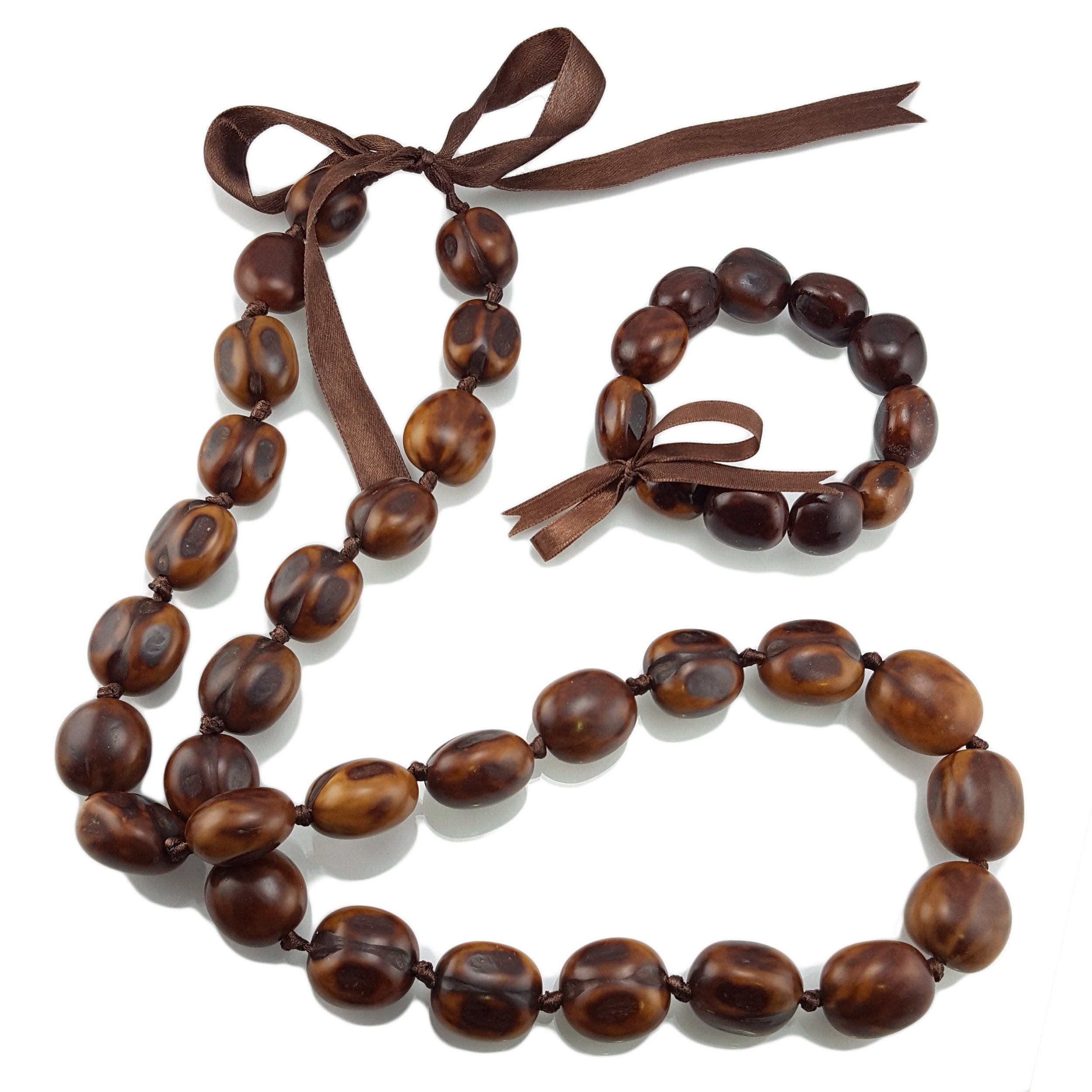 Natural Kukui Nut Lei Necklace and Bracelet Set