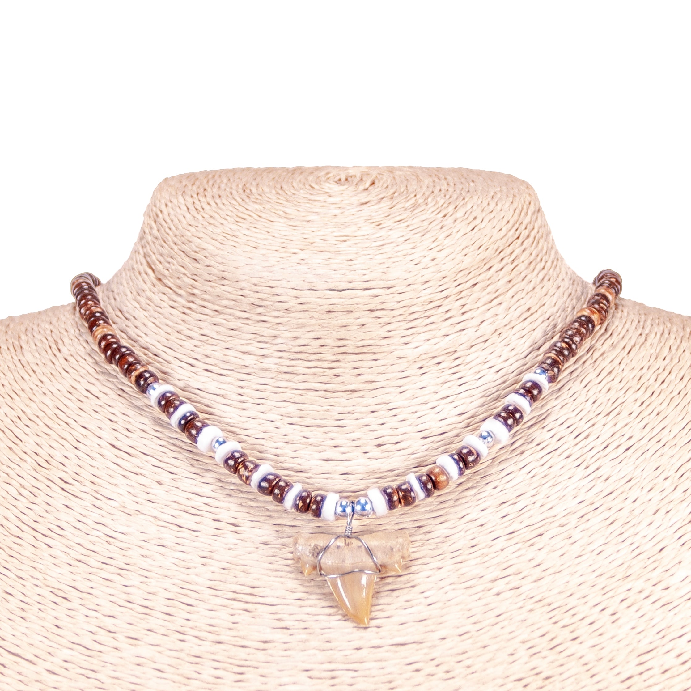 1"+ Shark Tooth Pendant on Brown Coconut and Puka Shell Beads Necklace