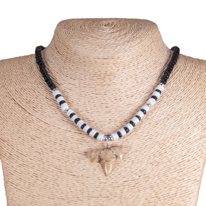 1"+ Shark Tooth Pendant on Black Coconut and Puka Shell Beads Necklace