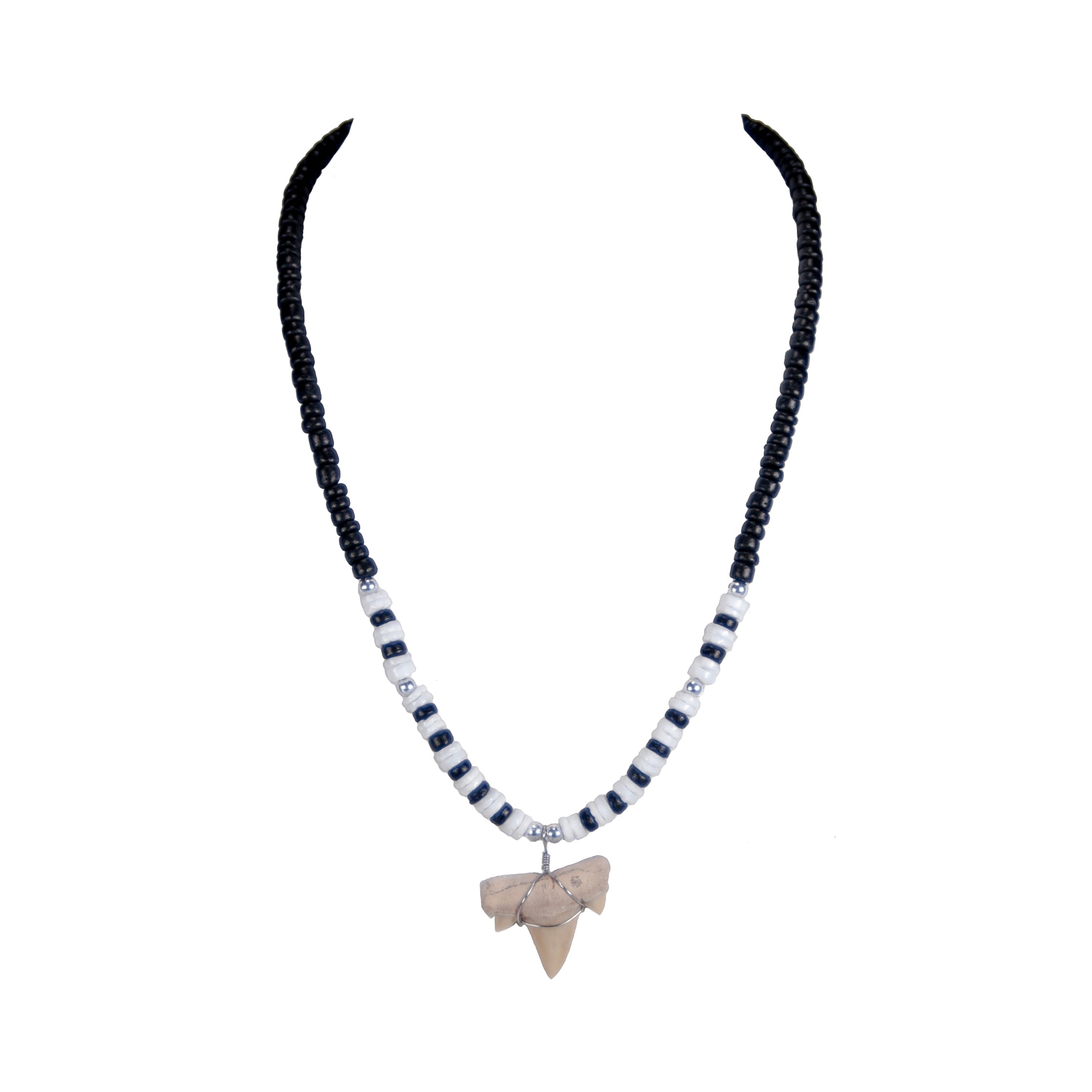 1"+ Shark Tooth Pendant on Black Coconut and Puka Shell Beads Necklace