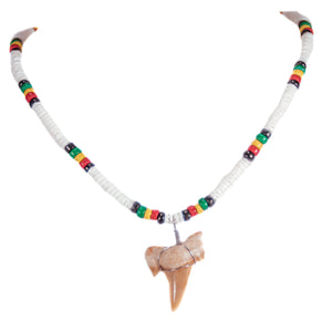 1¼"+ Shark Tooth Pendant on Puka Shell and Rasta Coconut Beads Necklace
