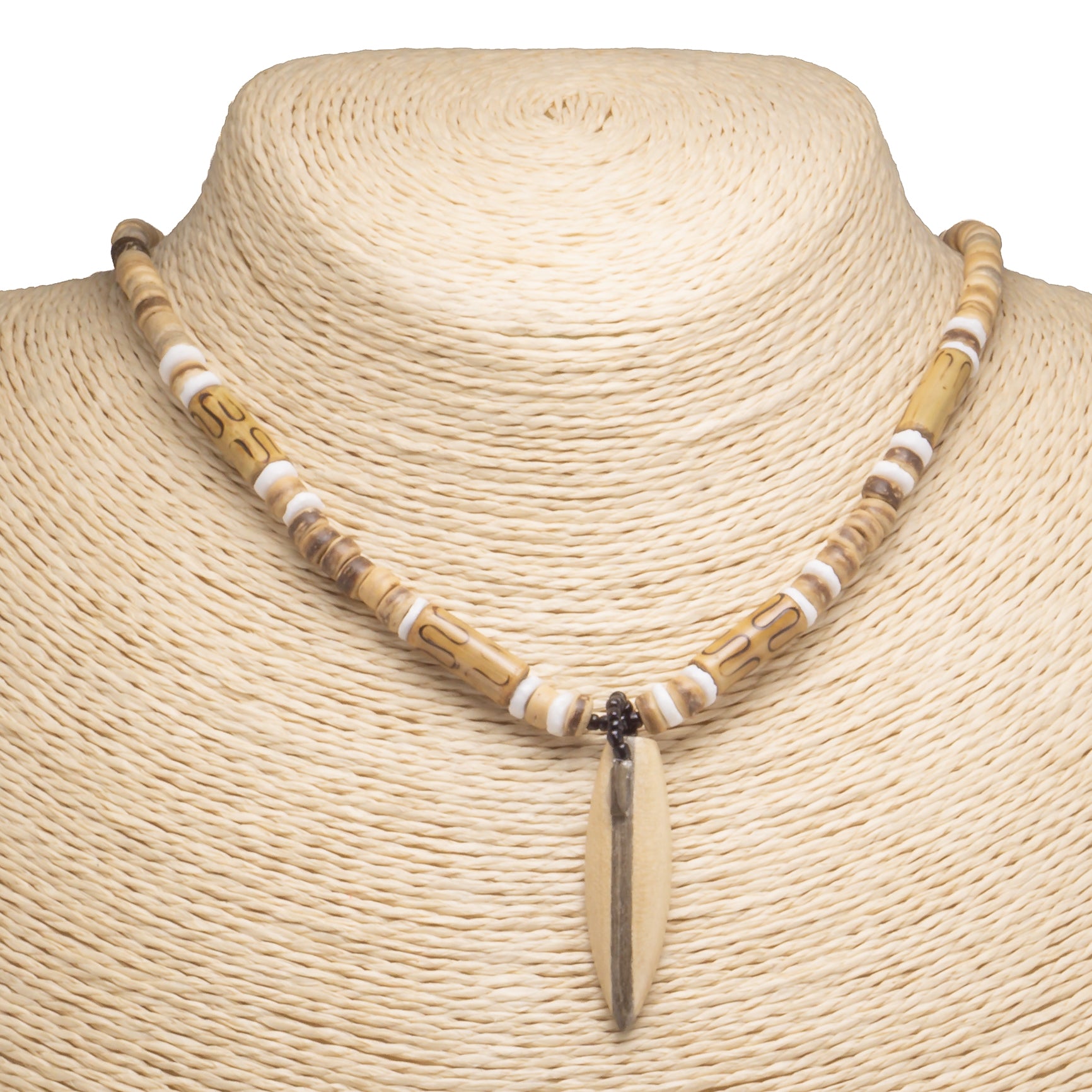 Wood Surfboard Pendant on Tiger Coconut Beads Necklace