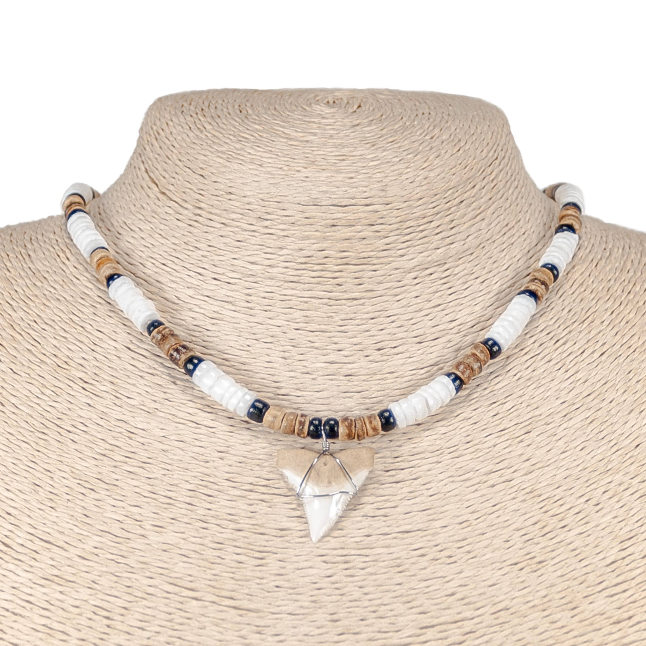 Bull Shark Tooth Pendant on Puka, Black and Tiger Coconut Beads Necklace