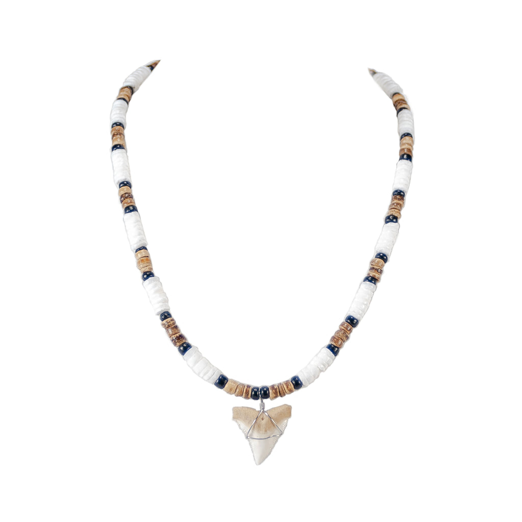 Shark Tooth Pendant on Puka, Black and Tiger Coconut Beads Necklace