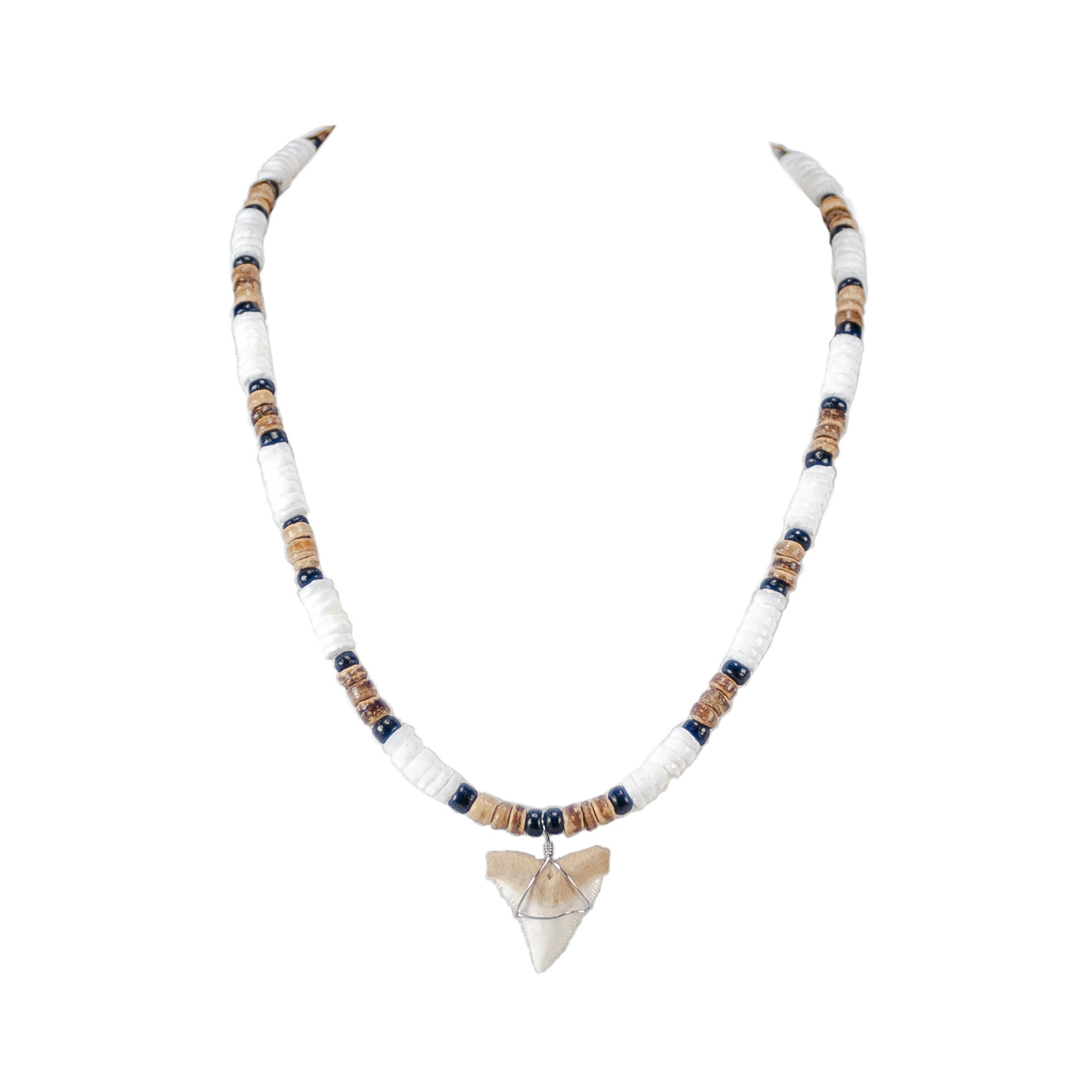 Shark Tooth Pendant on Puka, Black and Tiger Coconut Beads Necklace
