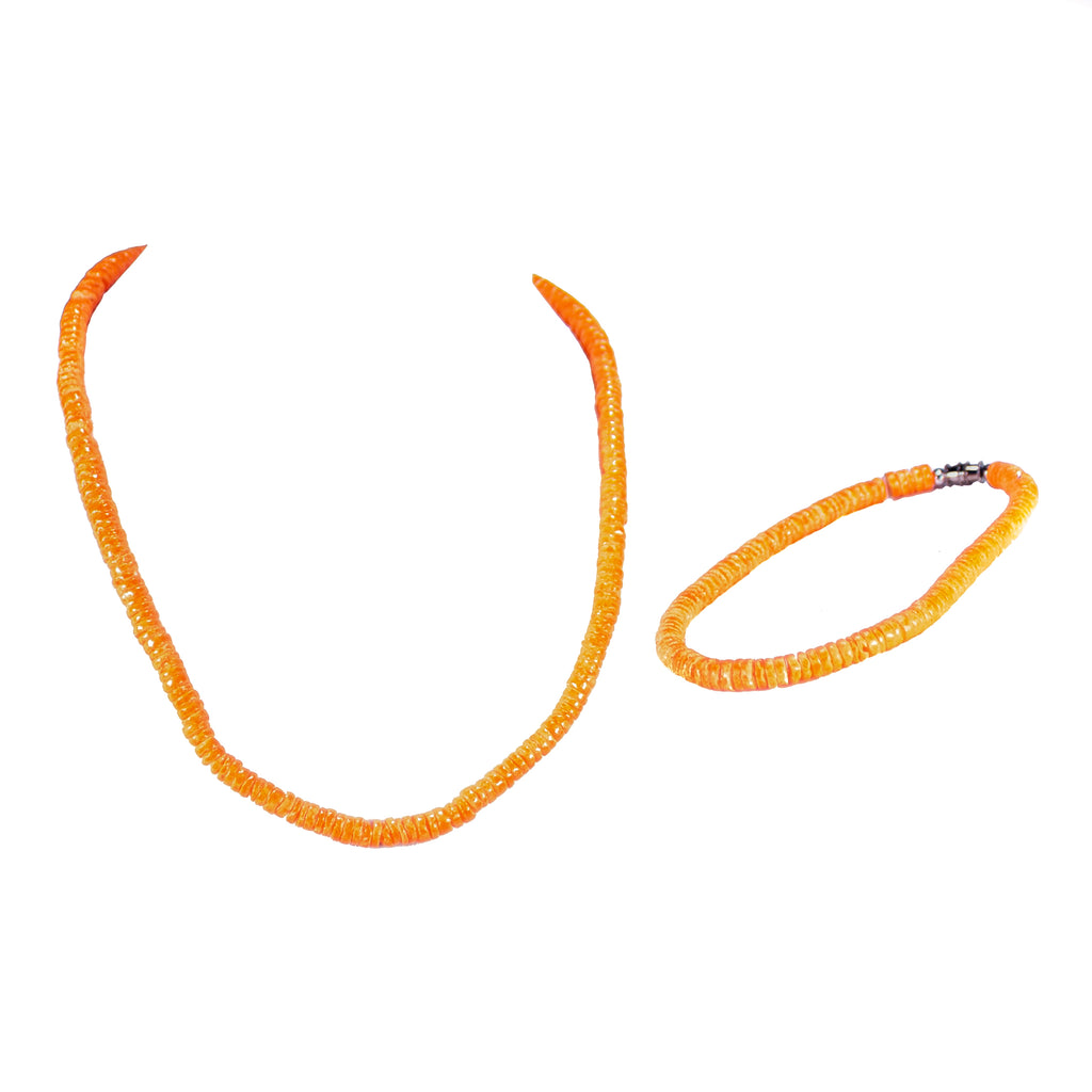 Neon Orange Puka Shell Beads Necklace and Anklet Set