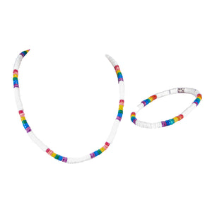 White and Rainbow Puka Shell Beads Necklace and Anklet Set