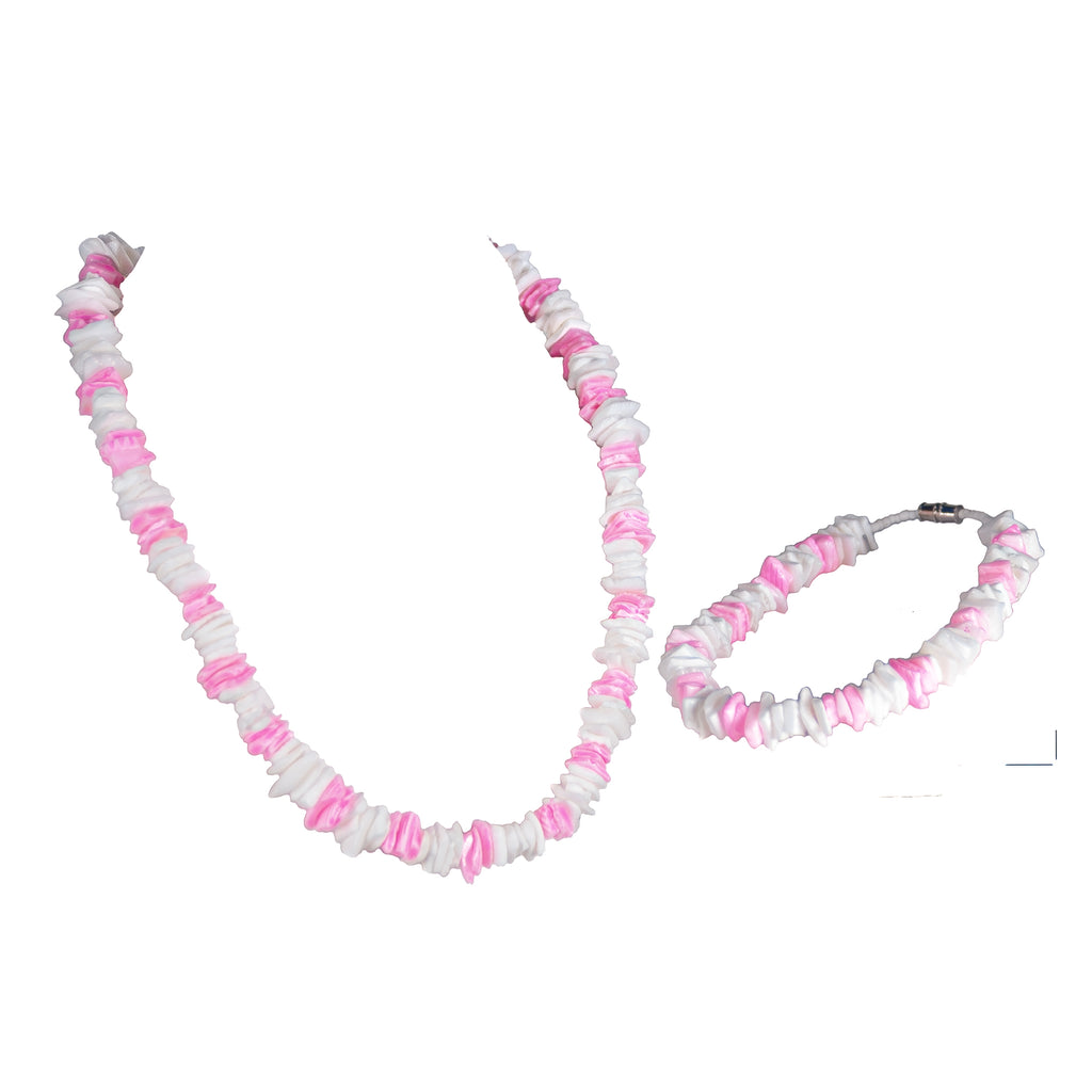 Pink and White Puka Chip Shells Necklace and Anklet Set