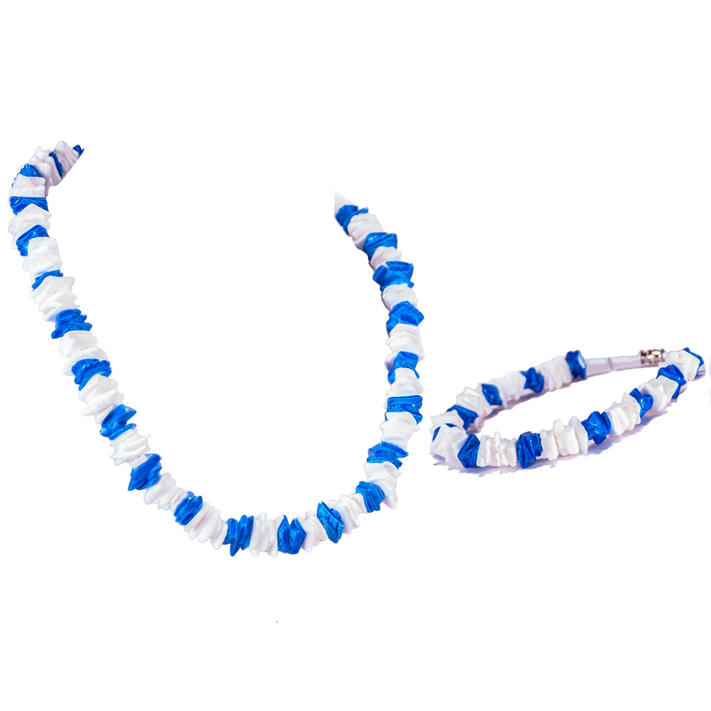 Dark Blue and White Puka Chip Shells Necklace & Anklet Set