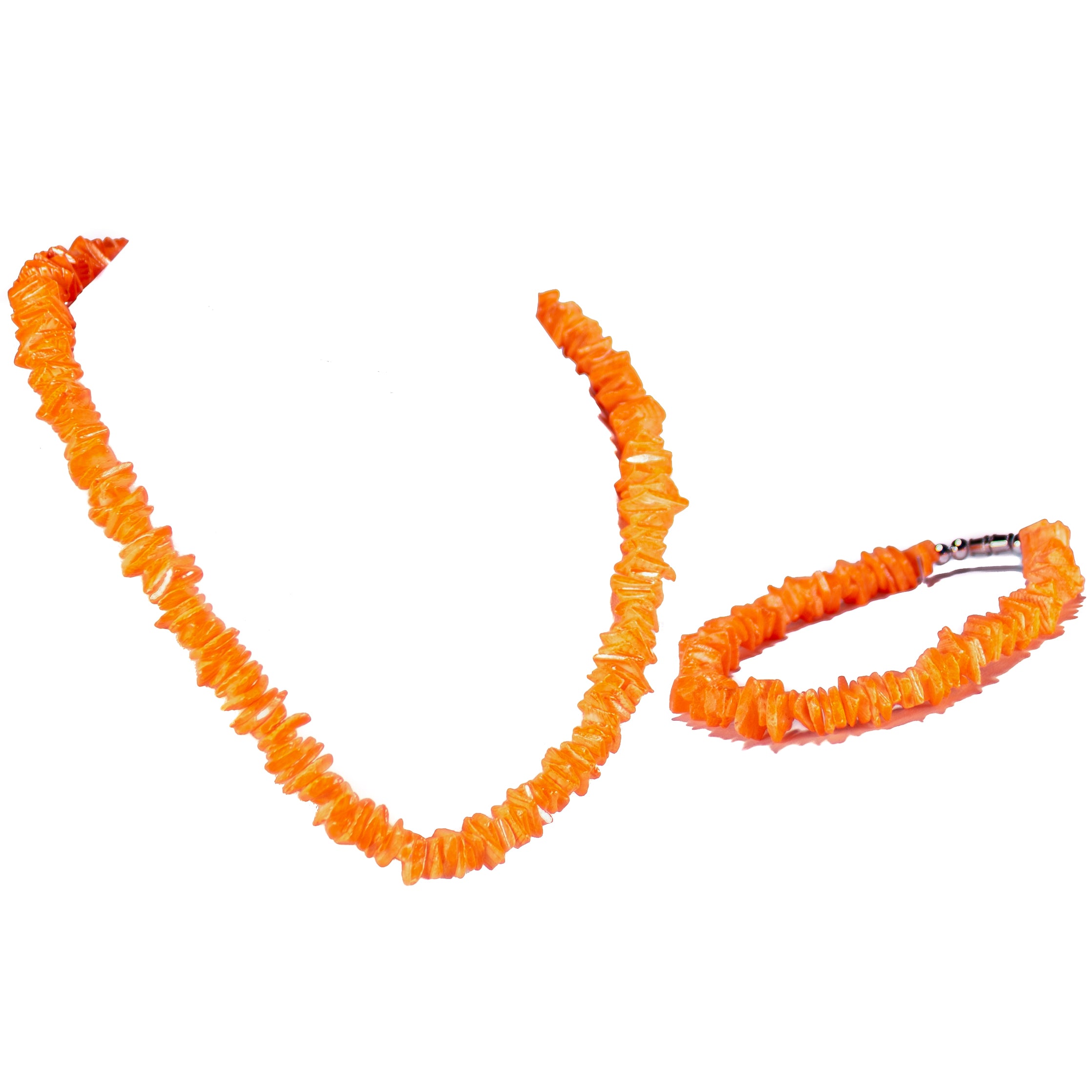Neon Orange Puka Chip Shell Beads Necklace and Anklet Set
