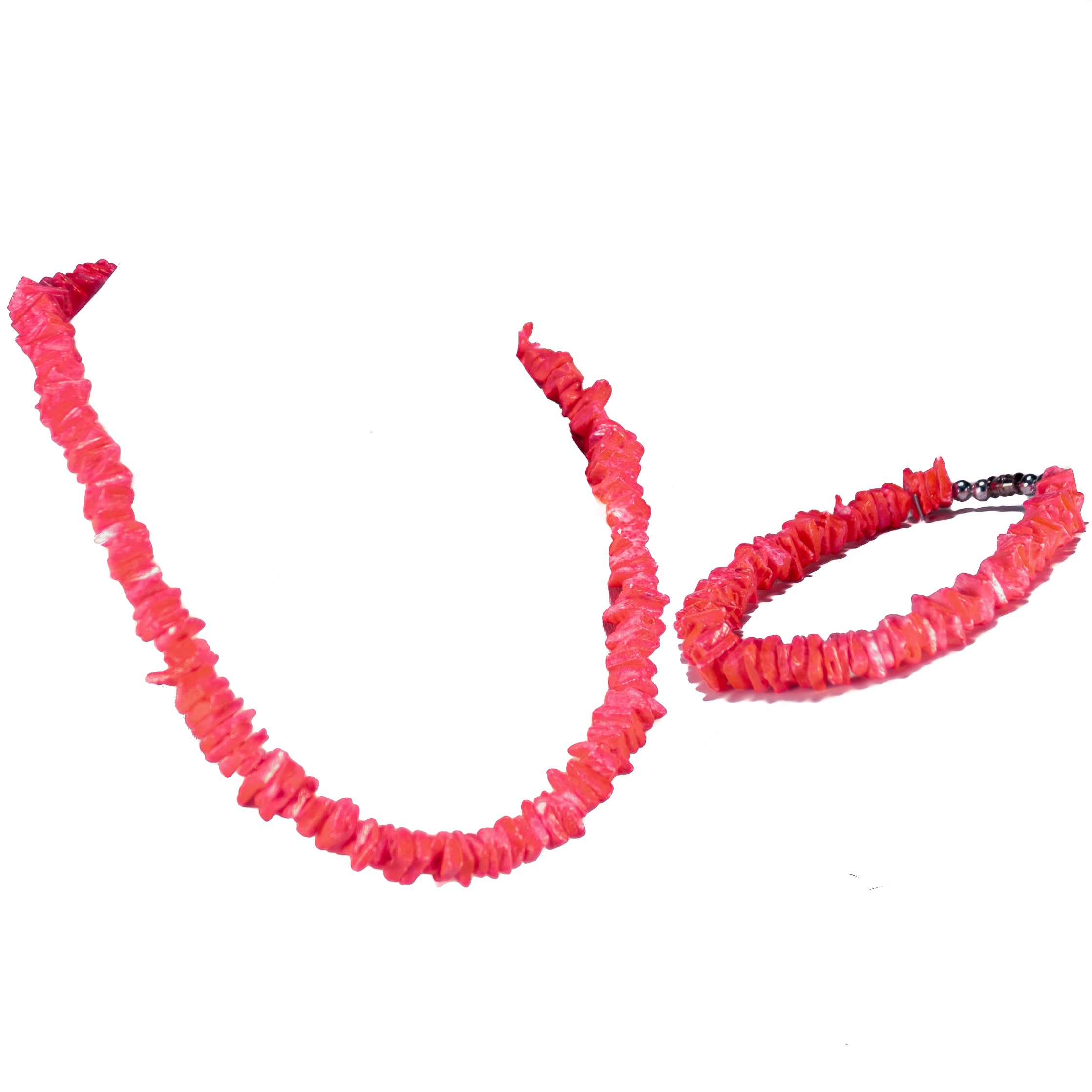 Neon Red Puka Chip Shell Beads Necklace and Anklet Set