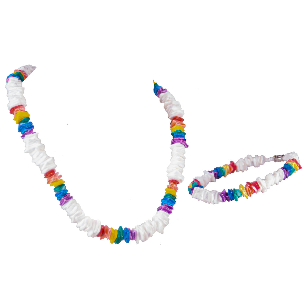 White & Rainbow Colored Puka Chip Shells Necklace & Anklet