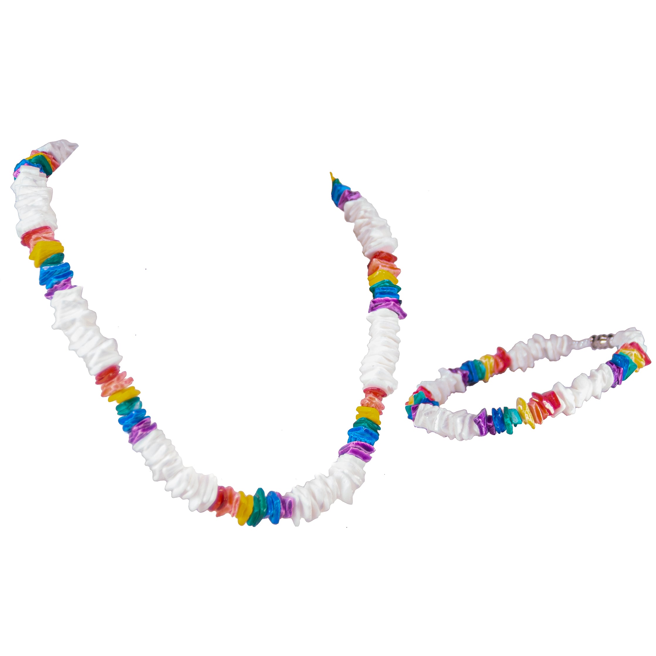 White & Rainbow Colored Puka Chip Shells Necklace & Anklet